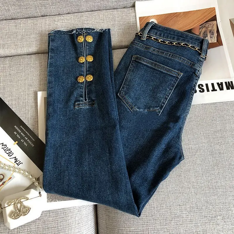 Blue Straight Jeans Women\'s Luxury Design High Waist Elegant Gold Button  Slit Raw Edge Slim Pencil Pants