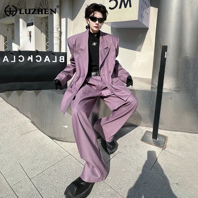 

LUZHEN, модный однотонный костюм в стиле High Street из двух предметов, новинка 2024, мужской двубортный пиджак, свободные прямые брюки LZ3340