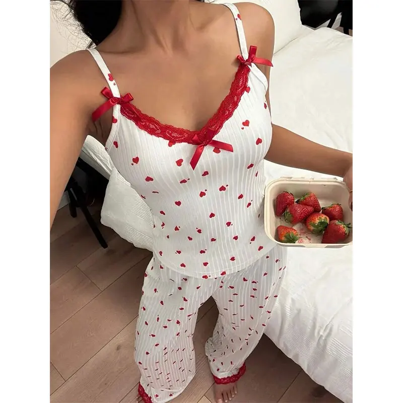 Fall/Winter Pajama Set For Women Elegant Loungewear Heart-Print Pants And Striped Top Lace-trimmed Suspenders Lingerie Pajamas view 3