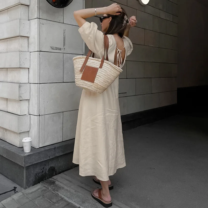 French Light Ripe Wind Cotton and Linen V-neck Bubble Sleeve Backless Thin Strap Autumn and Winter New Long Dress for Women