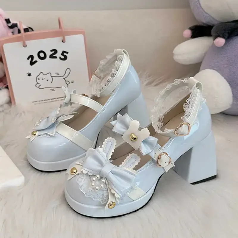 Piattaforma di moda Mary Janes Scarpe da donna Dolce Lolita Fiocco Tacchi alti Stile preppy Studente Carino Cinturino alla caviglia in pizzo Décolleté Tacones