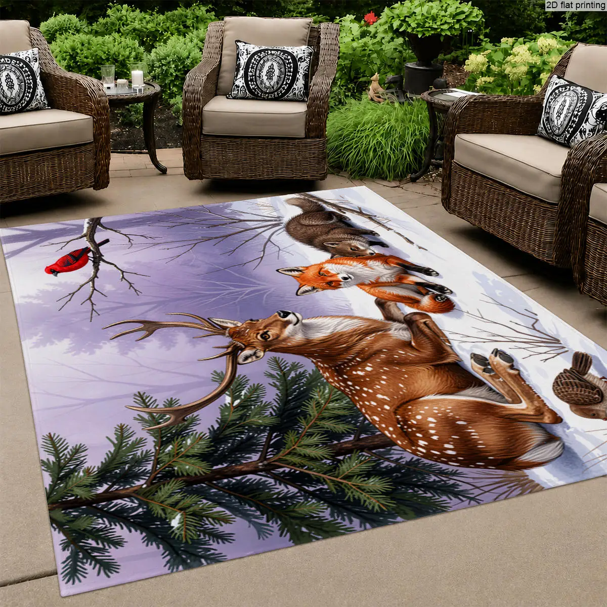 1pc Large Winter Jungle Animal Rug, Deer, Birds & Pine Scenery Pattern, Decor Mat for Living Room, Bedroom, Dining Room, Hallway