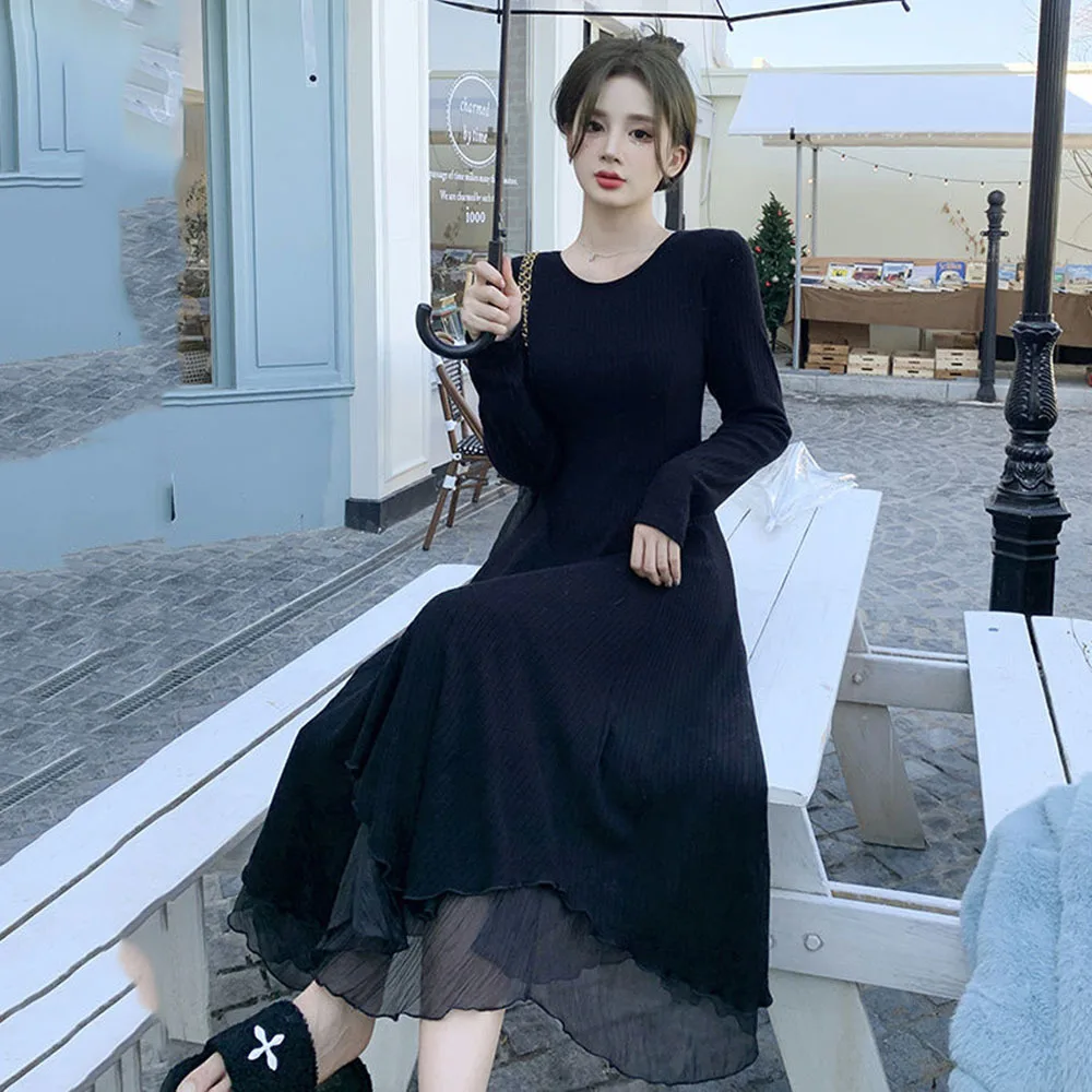 Autumn Winter Knitted Dress For Women Korean Fashion Mesh Patchwork Dresses Woman Elegant Irregular Long Sleeve Elastic Dress