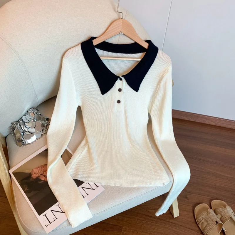 كلية نمط التباين اللون بولو طوق بأكمام طويلة البلوز أعلى الخريف الشتاء جديد الفرنسية ضئيلة زر سترة #3