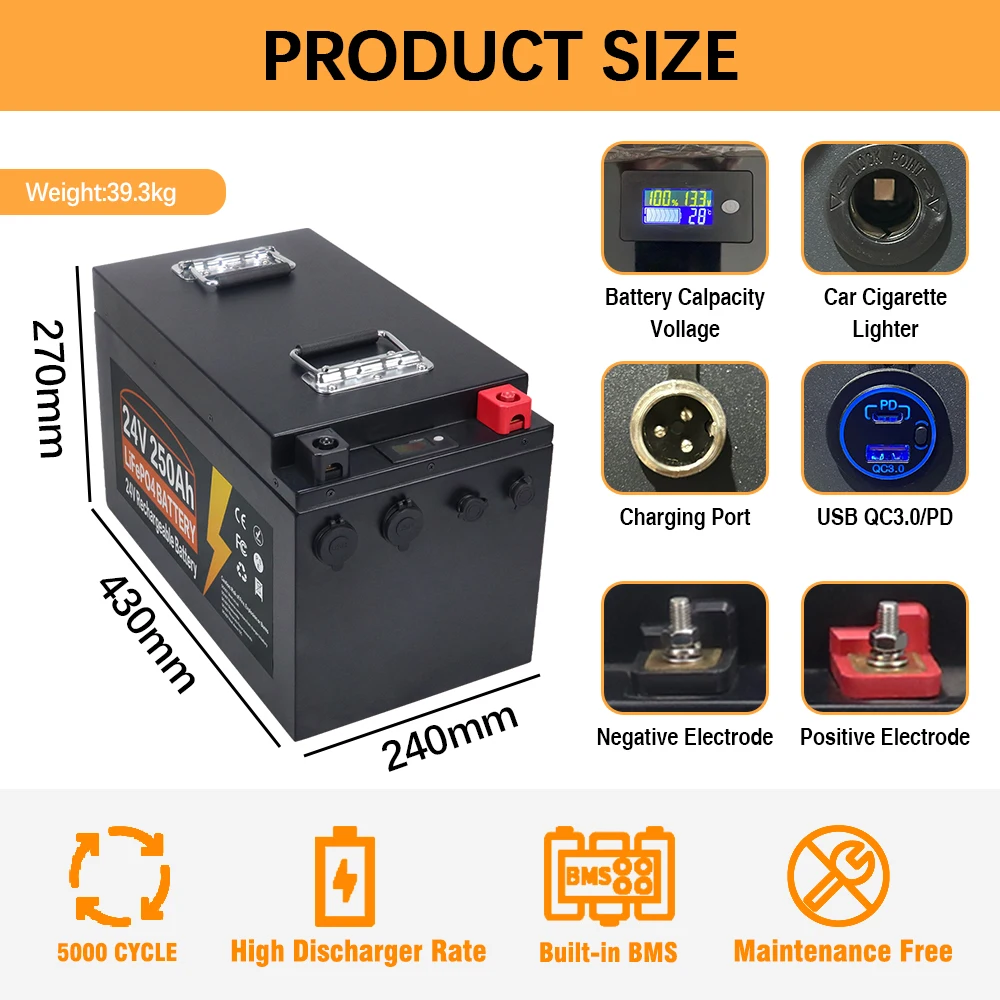 24V 250AH LiFePO4 Battery Pack Built-in BMS Lithium Iron Phosphate Cells For Replacing Most of Backup Power Home Energy Storage