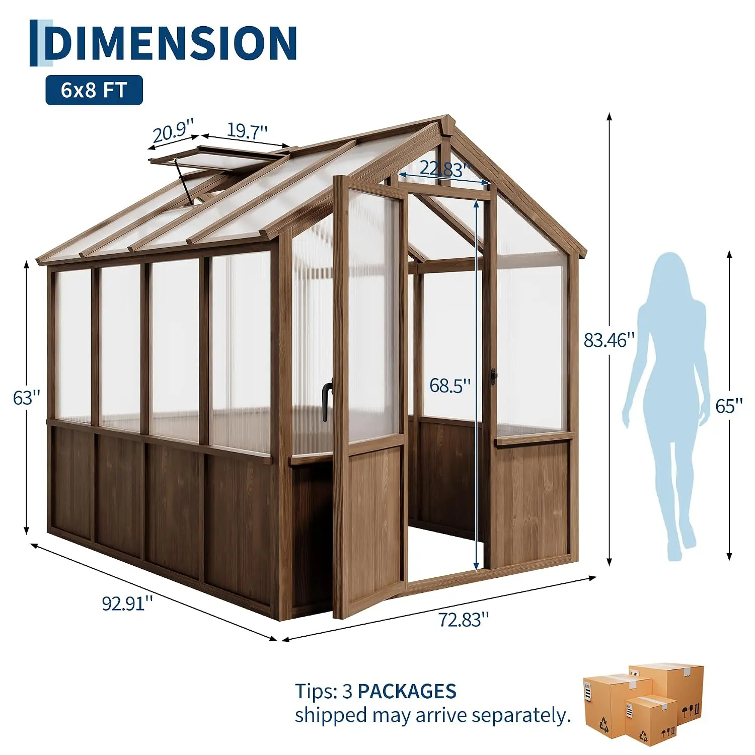 6x8 ft Greenhouse for Outdoors, Large Wooden Greenhouses with Adjustable Roof Vent & PC Panels & Lockable Door,, Customized
