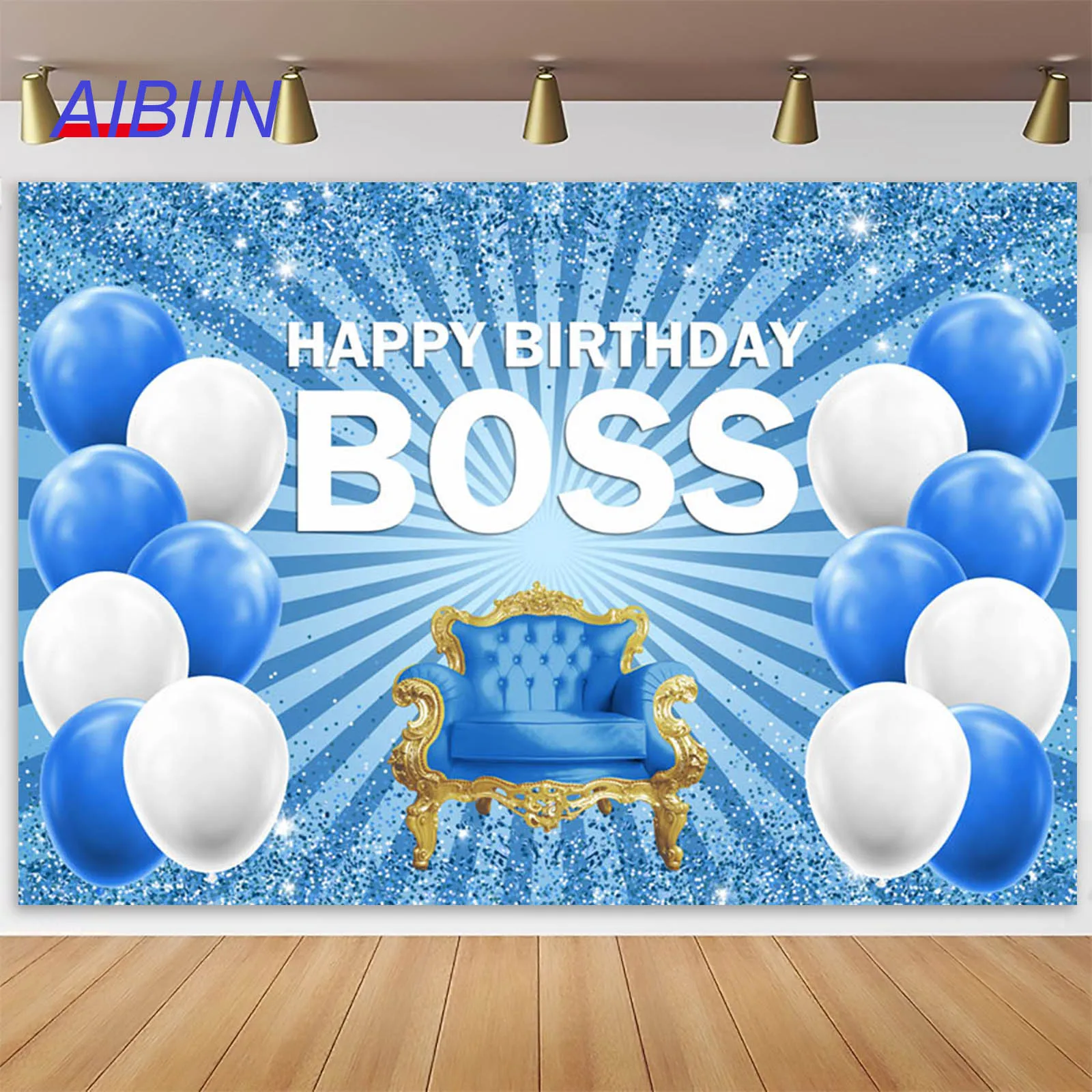 AIBIIN Blue Boy Birthday Backdrop Balloons Flashing Stars Light Space Time Tunnel Photography Background Boss Throne Party Decor