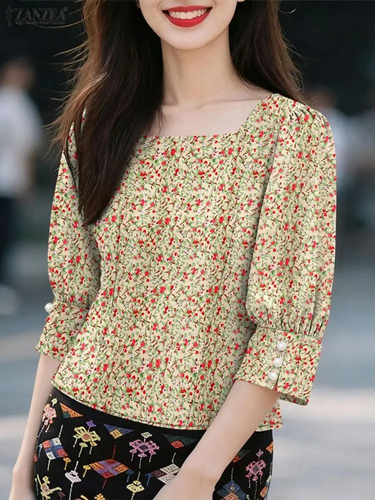 

ZANZEA Women's Elegant Floral Printed Blouses New Fashion Square Neck 3/4 Puff Sleeve Blouse Commuting Party Woman Clothes 3XL
