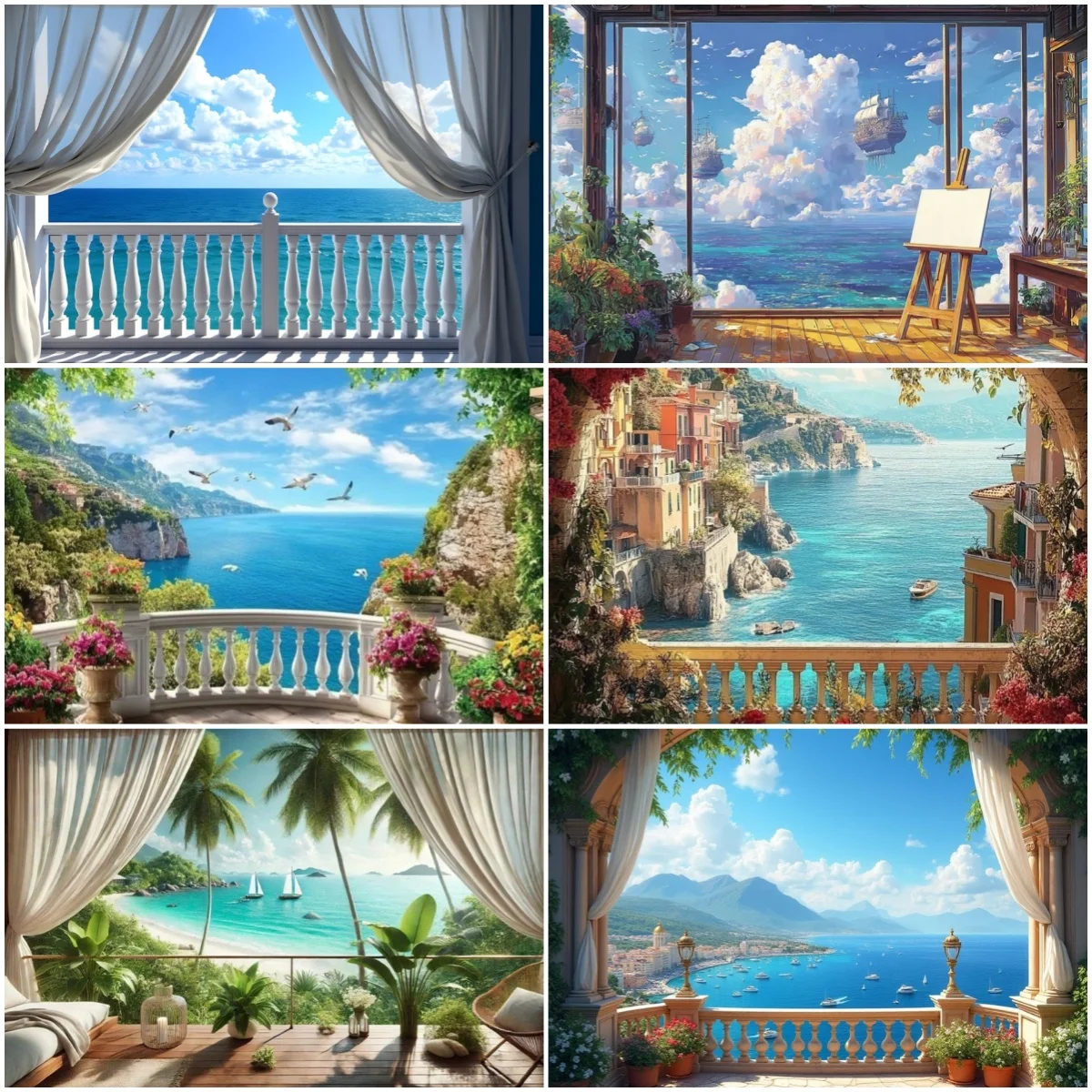 

Balcony Nature Landscape Theme Background Sky Sea Flowers Plants Decor Banner Mitzvah Wedding Party Photoshoot Backdrop Studio