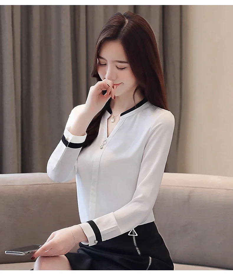 Blusas Mujer De Moda 2024 Women V-neck Office Blouse For Women Chiffon Shirt Long Sleeve White Blouse Shirts V1172