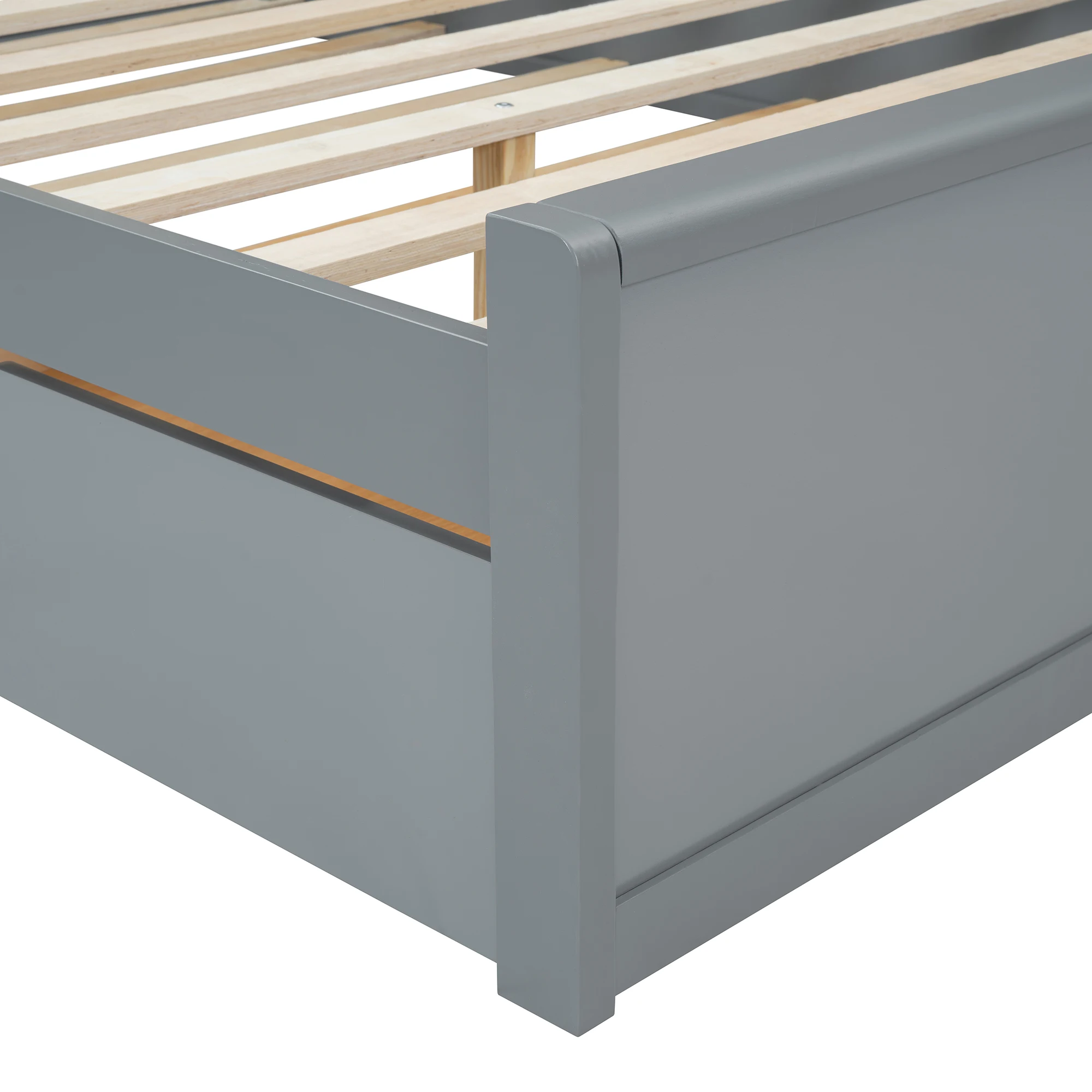 US Queen Bed Frame With Rattan Headboard And Pull Out Trundle, Bed Frame With 2 Storage Drawers And Strong Wood Slats Support