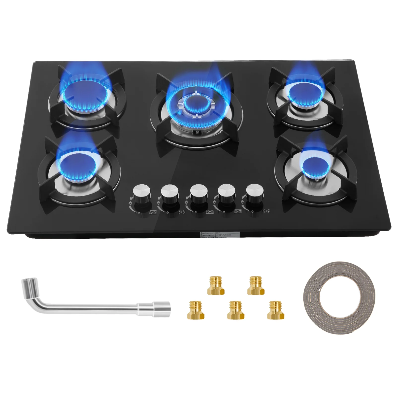 Einbau-Gaskochfeld mit 5 Brennern, geeignet für Erdgas und Propan, schwarze Farbe