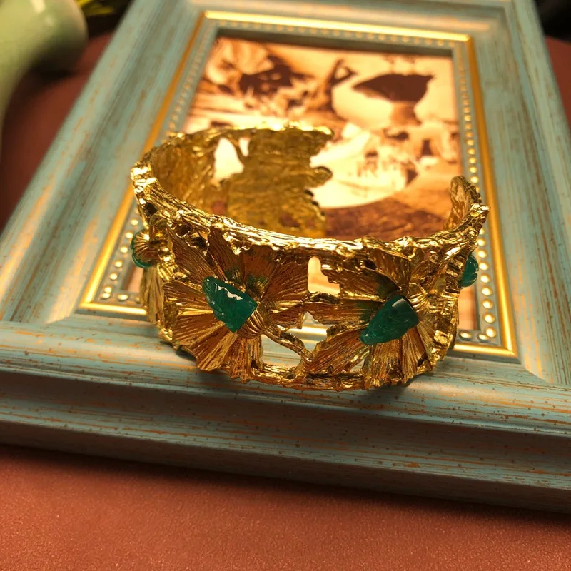 Vintage Real Gold Plated Hollow Out Bracelet for Women Geometric Resin Cuff Bangle Jelly Crystal Elegant Fashion Jewelry Gift
