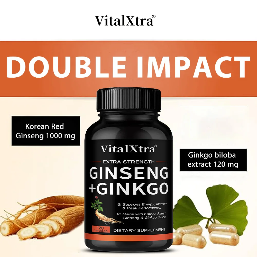 Korean Panax Ginseng & Ginkgo Biloba Capsules, 1000mg Ginseng + 120mg Ginkgo, Supports Brain Function, Energy & Focus, Non-GMO