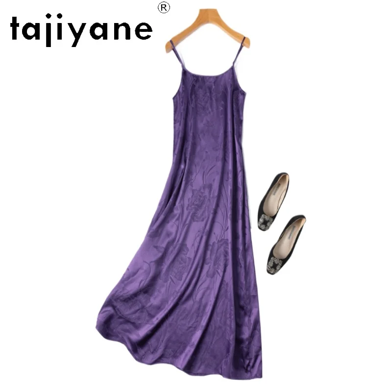 

TAJIYANE 100% Mulberry Silk Long Dresses for Woman Summer Elegant Purple Jacquard Slip Dress Women Clothing 2025 Robes Longues