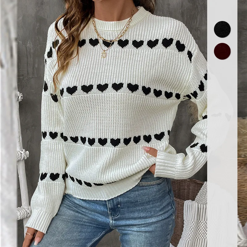 Valentine's Day Knitted Shirt  Cross-border  Sweet and Cute  Casual  Dating  Long-sleeved  Heart-shaped Sweater for Women