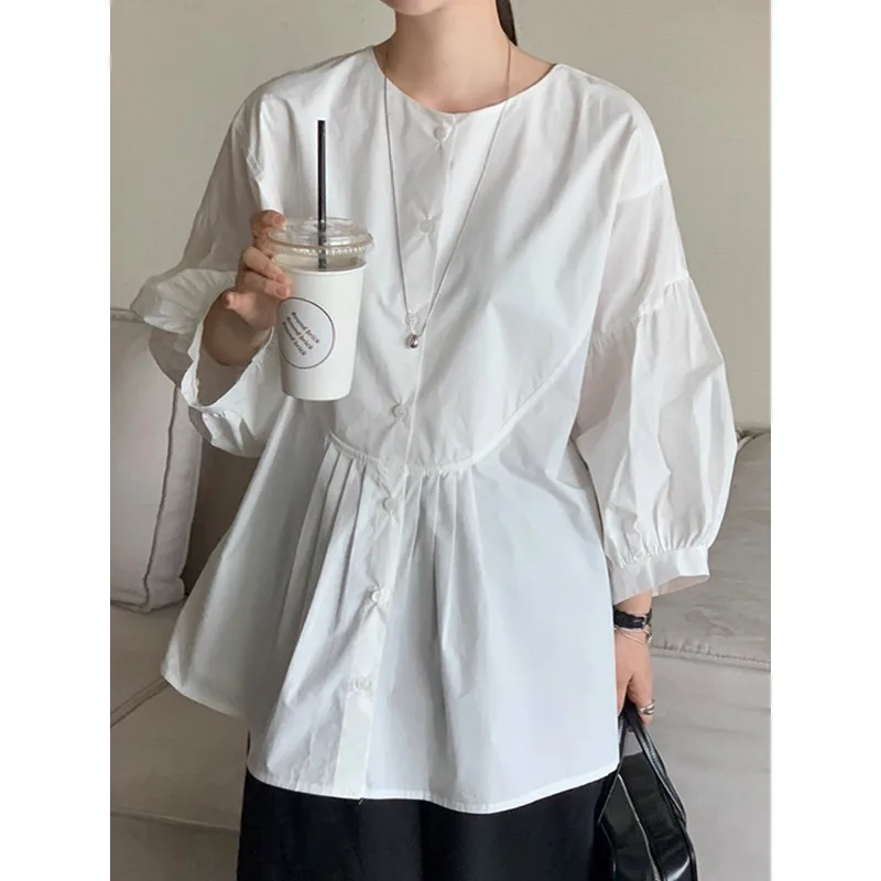 

SuperAen Elegant O-neck Design Loose Solid-colored Shirt Pleated Lantern Sleeves Women Summer New Shirts
