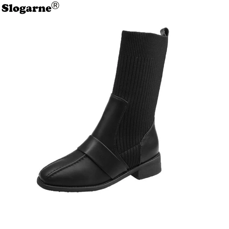 2025 Women Sexy Sock Boots Spring Shoes Korean Weave Middle Bottes Knitted Martin Boots High Quality Leather 4CM Heels Shoes