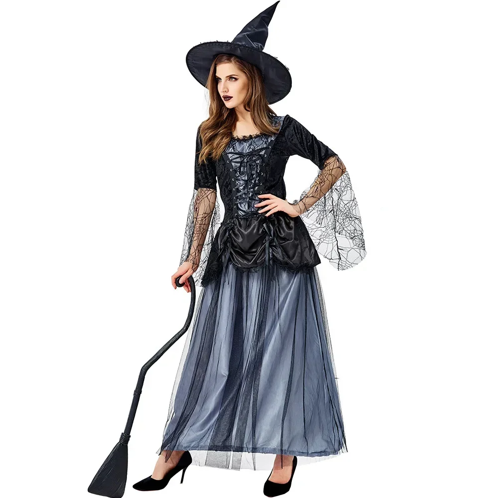 Adult Blue Black Cobweb Witch Sorceress Costume Cosplay For Women Halloween Purim Party Costumes Fancy Dress WSJ1025