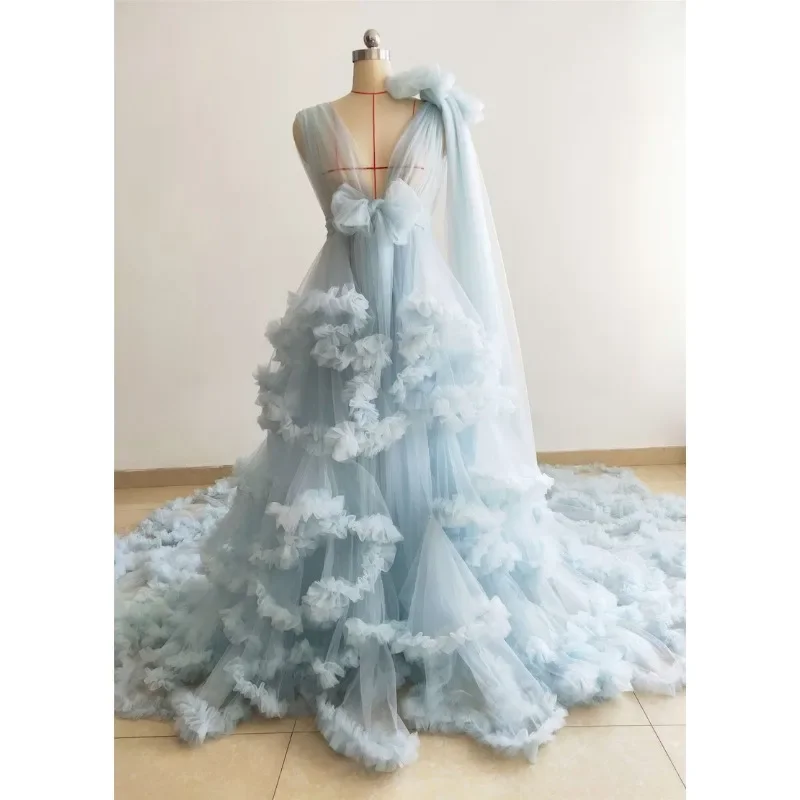 Blue Maternity Robe/Free Sizes Ruffle Tulle Dress Photo Shoot Dress/Long Train Dress/Custom Colors