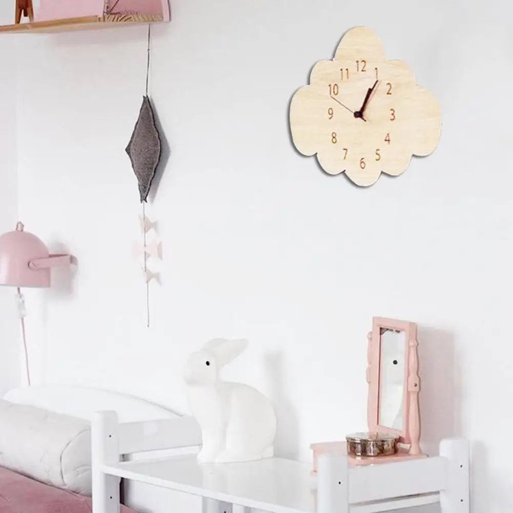 Mute Wooden Wall Clock Cloud Shape Nordic Bedroom Kids Room Home Decoration
