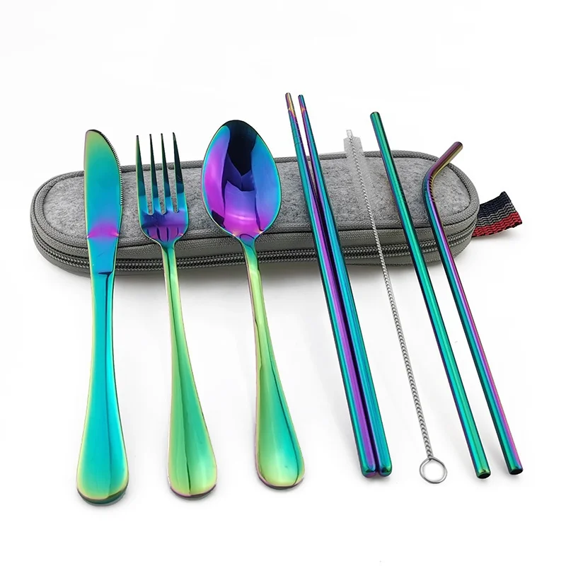 

Dinnerware Set Travel Camping Cutlery Set Reusable Straw Spoon Fork Chopsticks Portable Case Multicolor