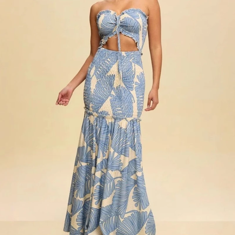 

Holiday Women'S Striped Floral Print Ladies Slim Straps Halter Hollow Spliced Off Shoulder High Waist Maxi Dress Beach Summer