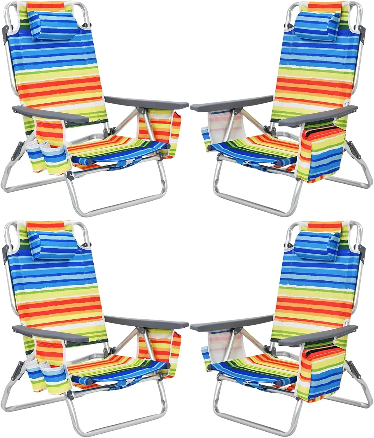 Lot de 4 chaises de plage inclinables à 5 positions, sacs à dos, 2 porte-gobelets, pliables et légères