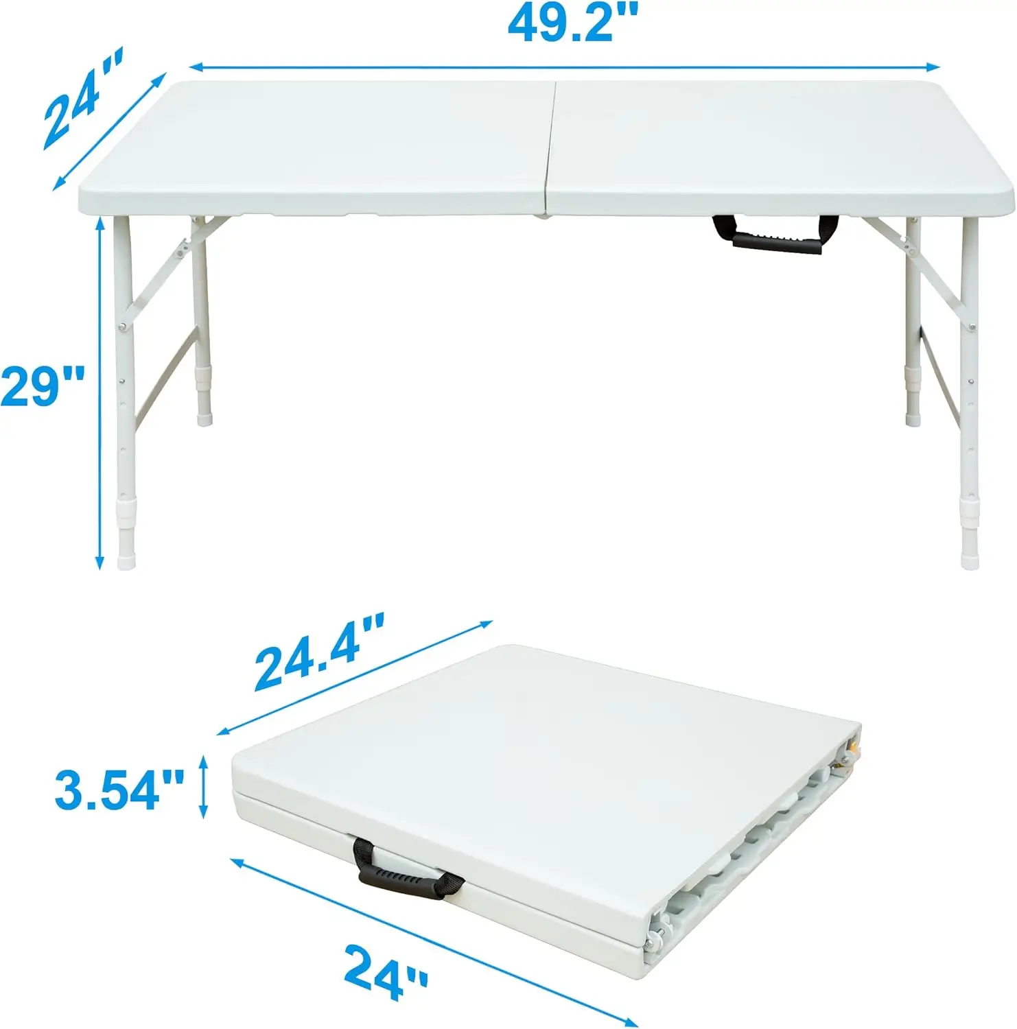 Folding Table 4FT Adjustable Height, Portable Plastic Foldable Table with Carry Handle, Lightweight Fold-in-Half Camping Picnic Dining Table for Outdoor BBQ Party and Indoor Use, White