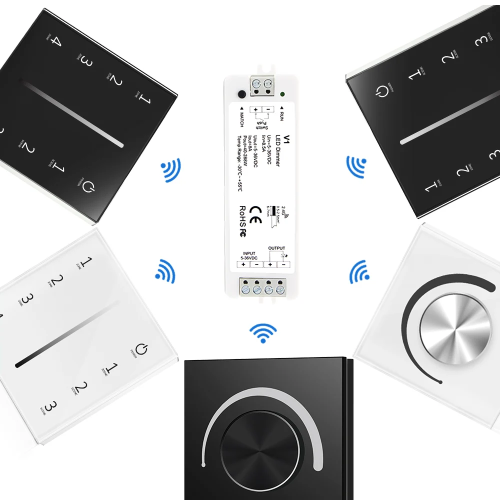LED Dimmer 12V 24V 36V 5V DC EU Wall Touch Switch Glass Panel 2.4G RF Wireless Remote Dimer for Single Color LED Strip Light V1