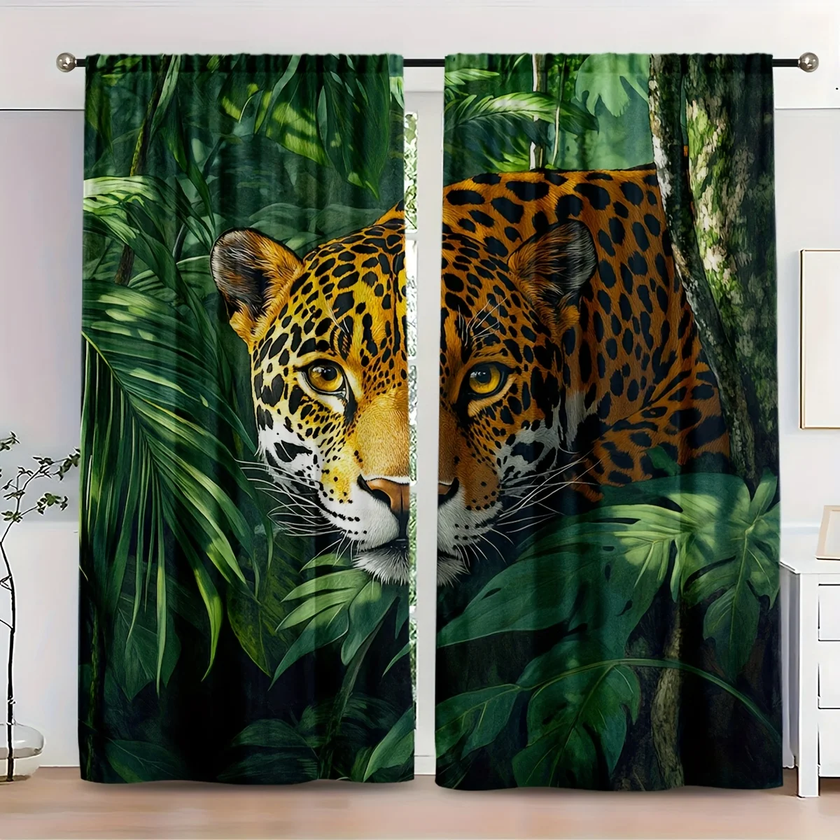 2pcs curtains featuring a leisurely for JAGUAR in the rainforest, with Golden eyes filtering through dense foliage, adding natur