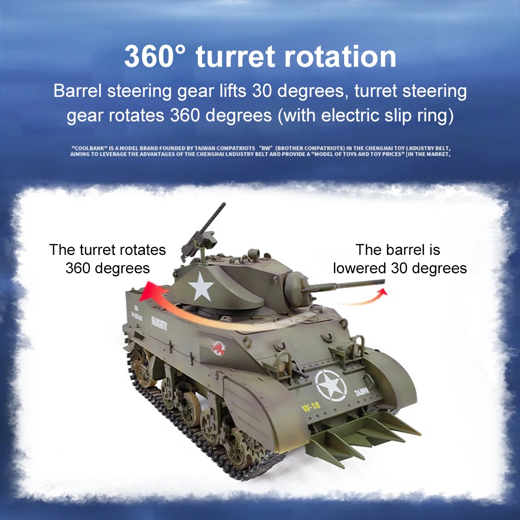รถถังบังคับวิทยุ 1/16 US M5A1 รถถังเบาบังคับวิทยุ 360 °   วิทยุควบคุมการหมุน 2.4 กิกะเฮิร์ตซ์ ความเร็วสูง พร้อมเสียงและไฟ รถบังคับวิทยุ รุ่นแบตเตอรี่เดี่ยว
