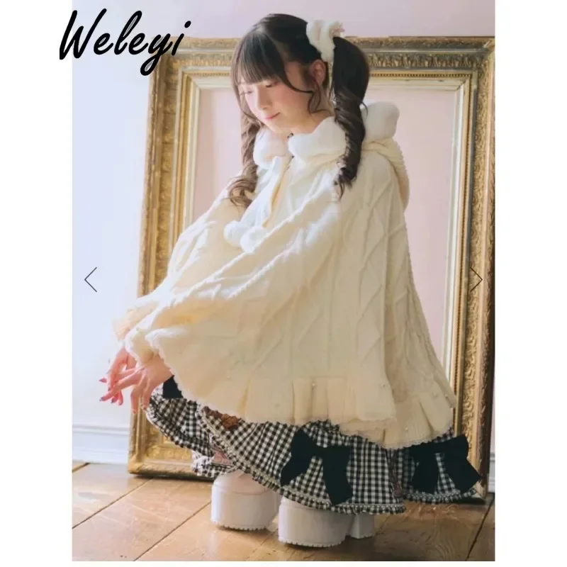 Lolita Shawl Jirai Kei Girl Sweet Sweater Cloak Coat Autumn New Japanese Kawaii Cute Women\'s Doll Neck Glutinous Knitted Capes