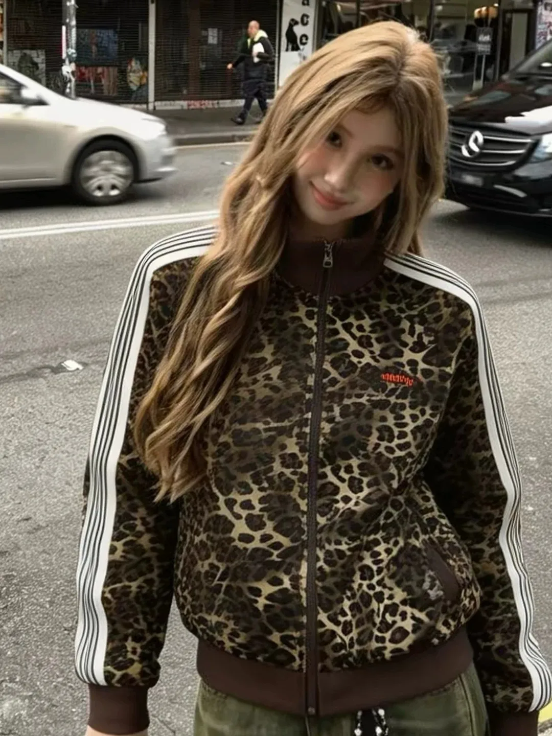 American Style Retro Leopard Print Jacket Women's Spring Autumn Loose Casual Stand Collar Zipper Open Cardigan Sweatshirt