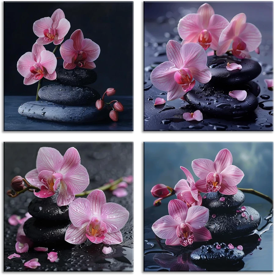 Modern 4 piece diamond painting pink orchid cross stitch black stones wall art painting SPA flowers still life home decoration