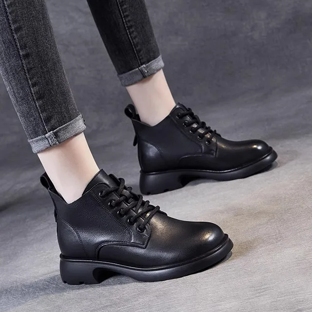 

British Style Boots Women's V-Notch Short Boot Laced Ankle Slim Fit Leather Boots High Top round Toe mid Heel Rubber Sole