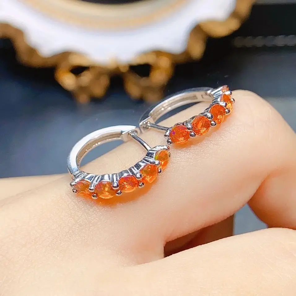 925 Silver Birthstone Orange Fire Opal Hoops 925 Sterling Silver Natural Opal Hoop Earrings For Women Gift