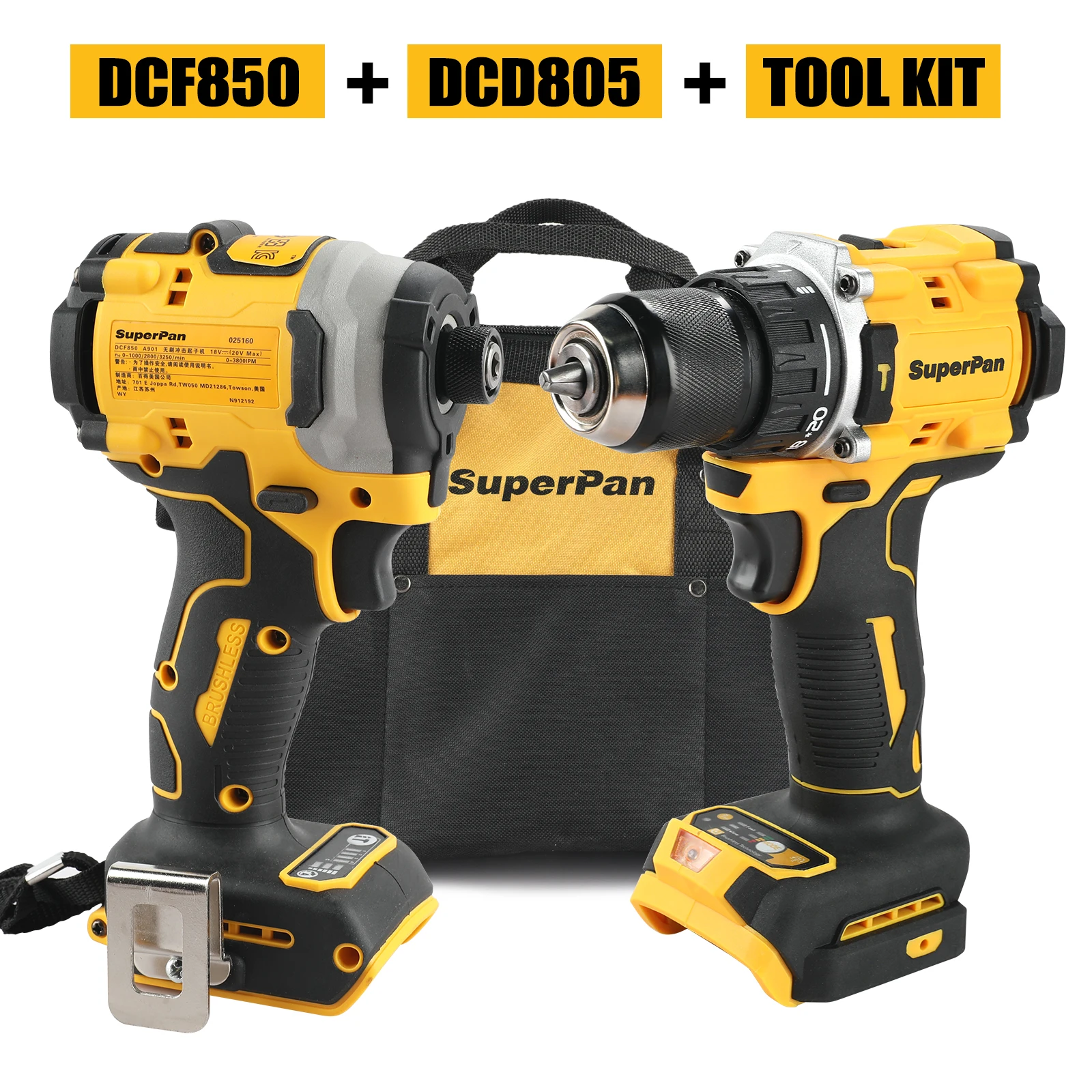

SuperPan Dual-Tool DCF850+DCD805 Professional Cordless Combo Impact Driver&Drill Tool Set for DeWalt 18V battery specs