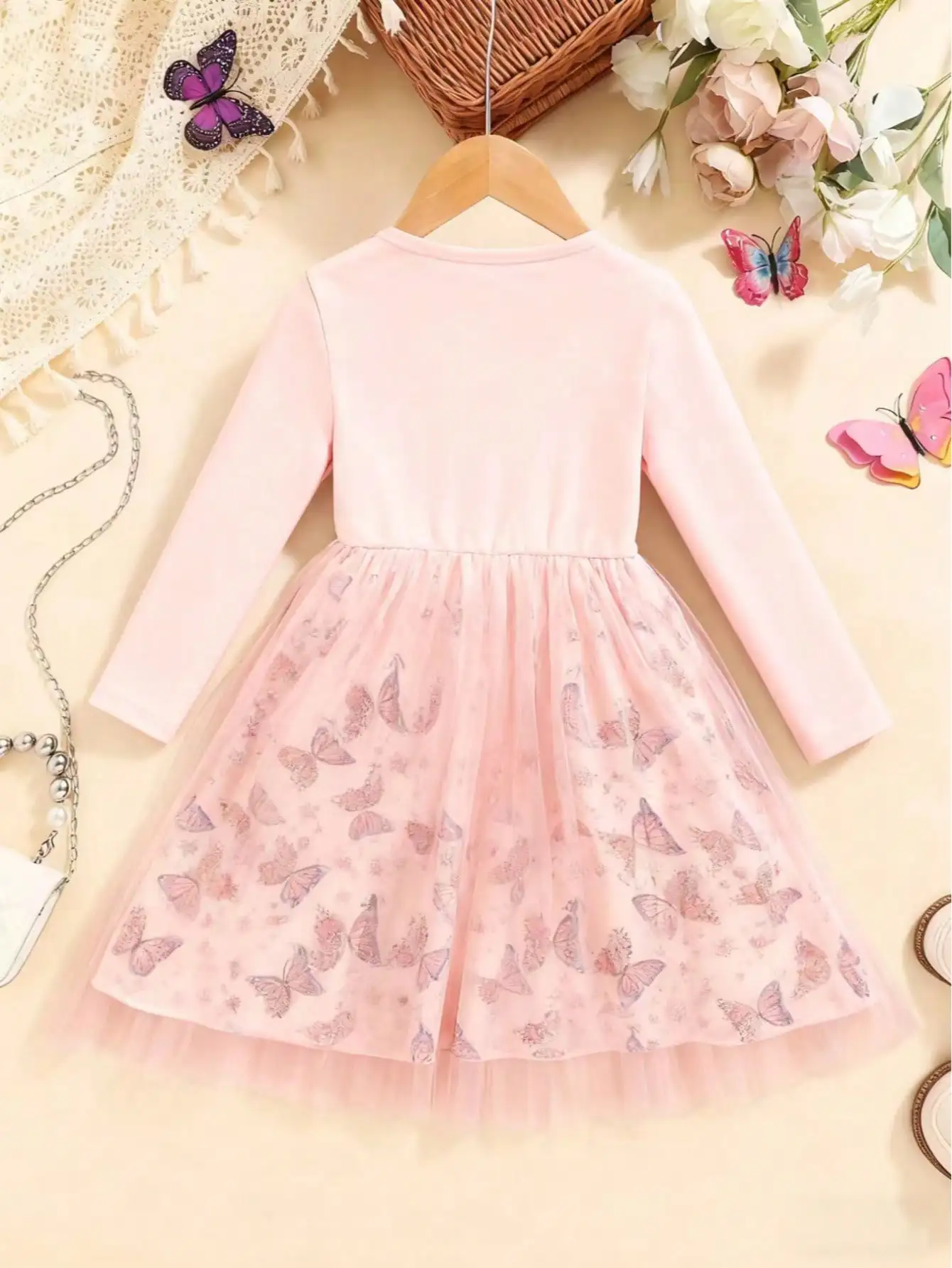 2026 Frühling/Sommer Herbst Eleganter Rundhals-Langarm-Mesh-Kleid mit Schmetterlingsdruck und Trompetenrock, Geeignet für Tägliche Reisen – Detail 8