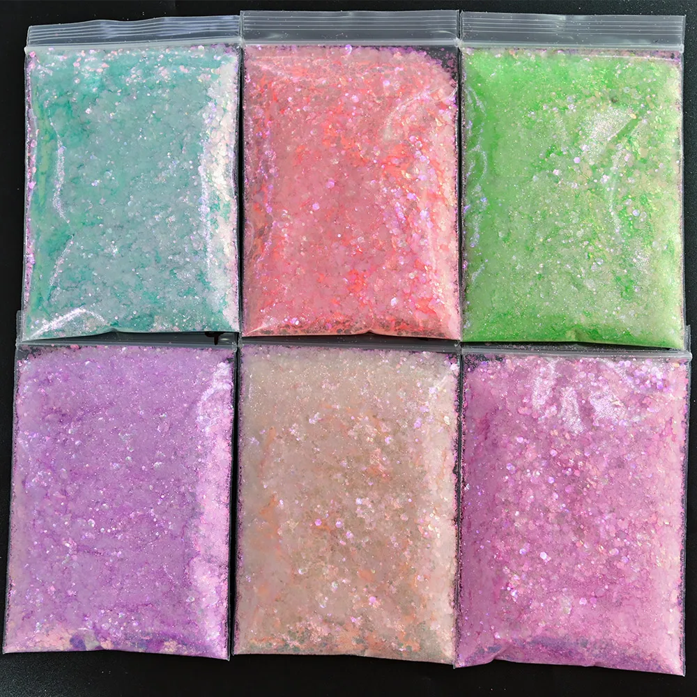 Lentejuelas sinfónicas para decoración de uñas, 50g, 0,2/0,4/3mm, tamaño mixto, brillo grueso, iridiscente, brillante, sirena