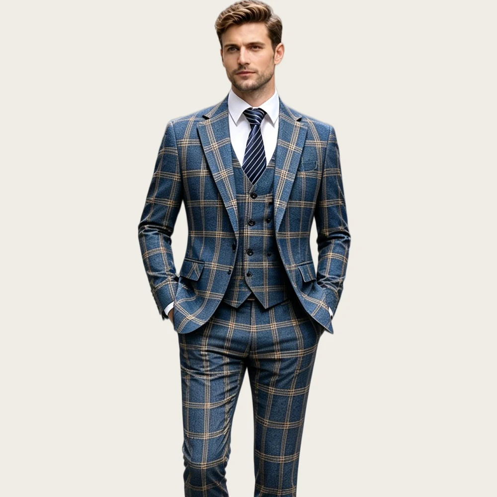 

Mophiel Plaid Men's Suits Single Breasted Groom Wedding Suit Slim Fit Tuxedo Notched Lapel Office Business Blazer Customized