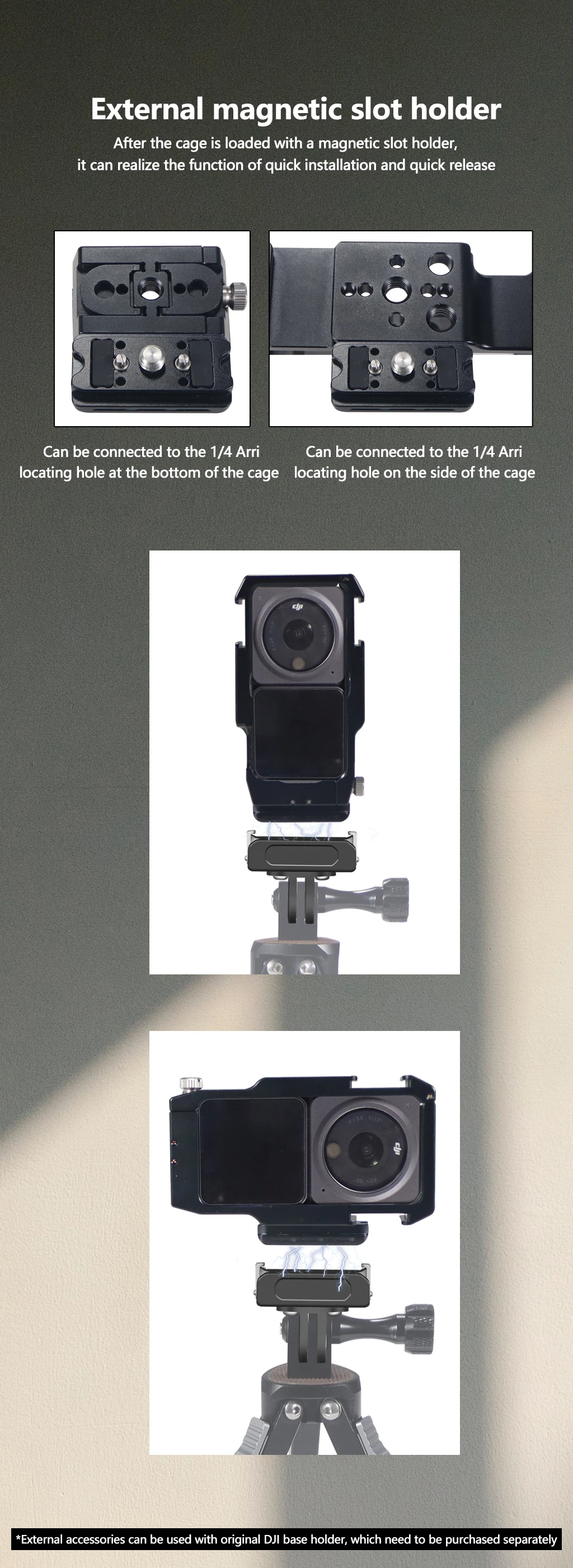Magnetischer Action-Kamera-Käfig für DJI Action 2 Dual-Screen Vollkäfig mit Cold-Shoe-Halterung, 1/4 3/8 ARRI-Positionierungslöchern und Ladestation – Detail 5