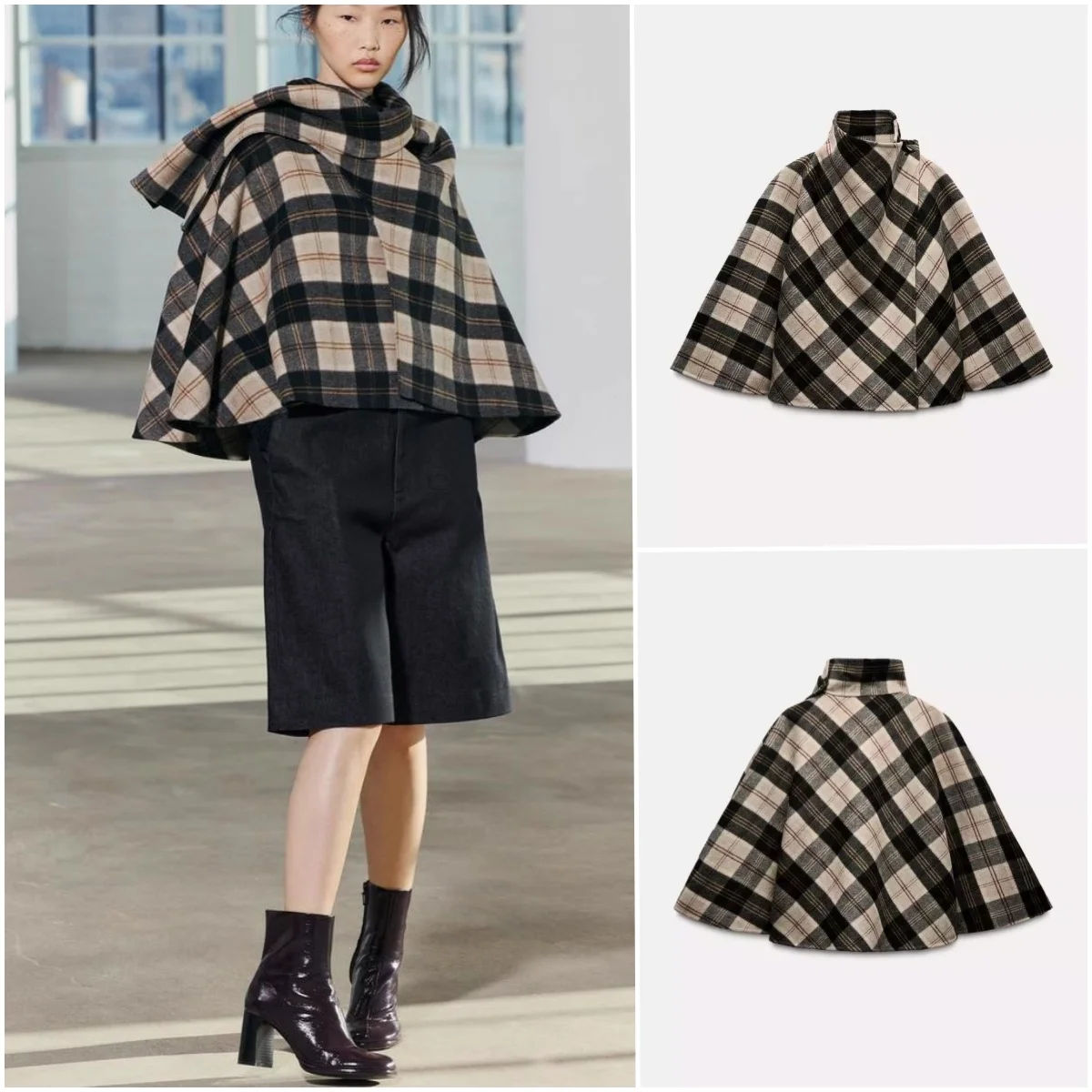 

Весеннее новое асимметричное шерстяное пальто в клетку с высоким воротником и капюшоном для женщин, свободное длинное пальто Sve ort