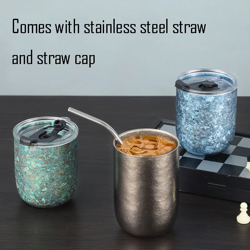 260/360ML Eggshell Water Cup With Lid And Stainless Steel Straw,Double Layer Pure Titanium Insulated,Crystal,U-shaped Beer Mug