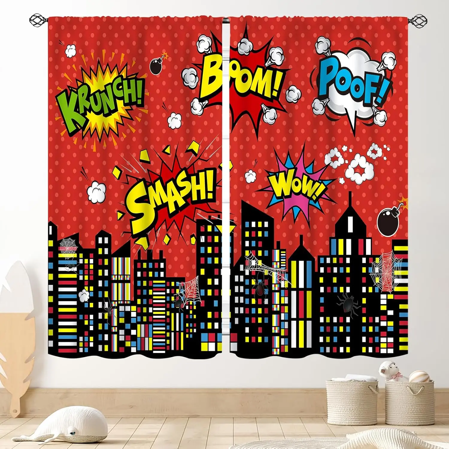 Comic Book Curtains Boom Smash Pow Print for Kids Room Game Room Window Superhero Decor