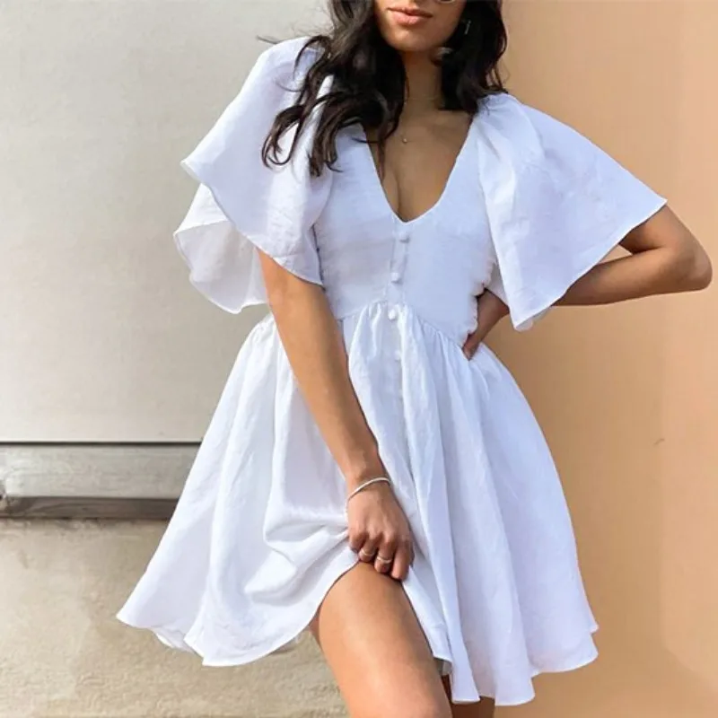 

Spring/Summer New Cotton and Hemp V-neck Flare Sleeve Womens Dress 2024 Fashion New Short Dresses for Women