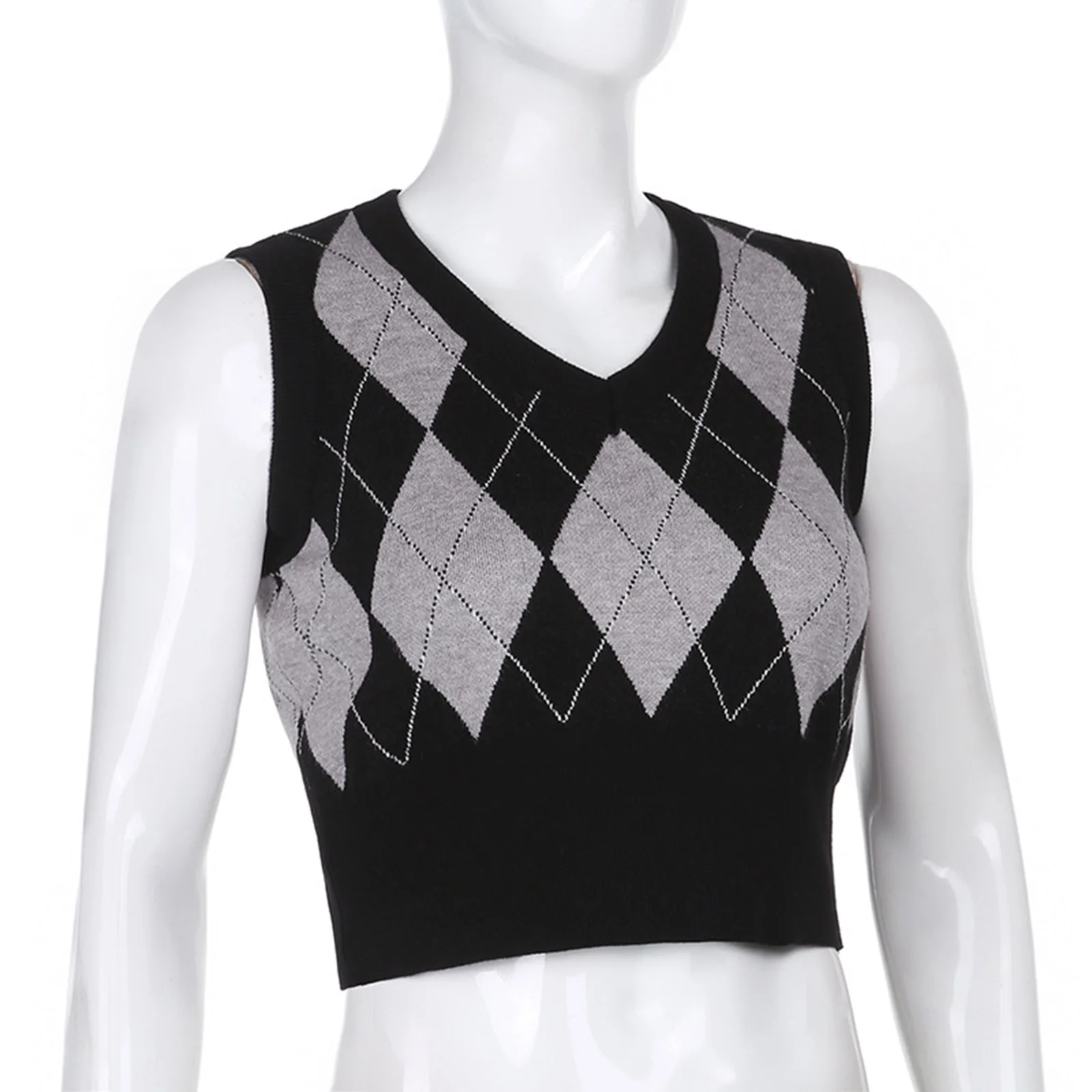 Womens Vest  Tops V Neck Argyle Knitted Vest Fashion Contrast Color Plaid Sleeveless Crop Top Pullover Sweater