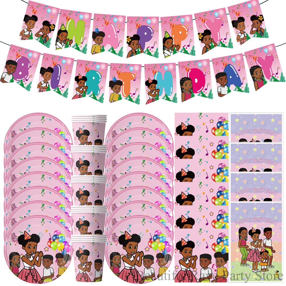 Pink Black Girl Gracies Disposable Tableware Sets Kids Baby Shower Birthday Party Decoration Plate Gracies Corner Party Suppiles