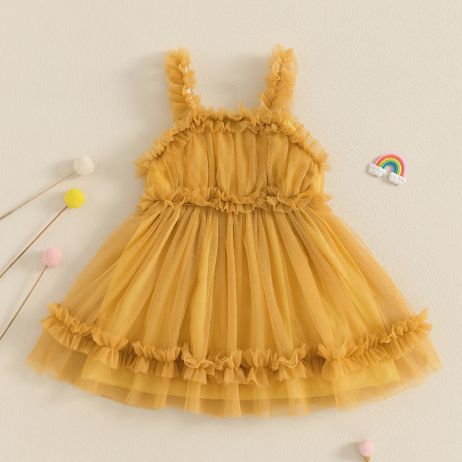 

1-4Y Toddler Kids Girl Summer Tulle Lace Dress Solid Color Sleeveless Casual Mesh Ruffled A-Line Party Dresses Sundress