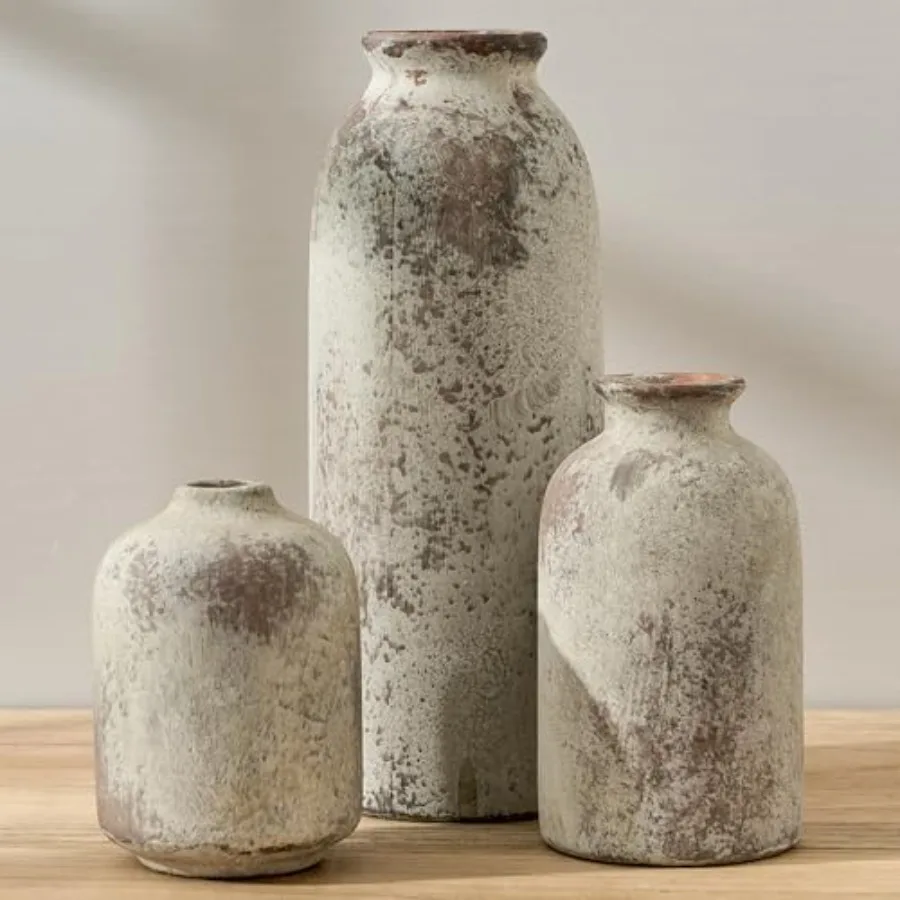 

Ceramic Vase Set of 3, Decorative Terracotta Farmhouse Rustic Vases for Living Room Kitchen Bedroom Bathroom Entryway Mantel Ta